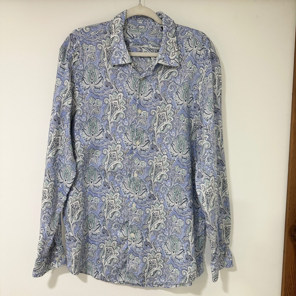 Mens XL Linen Paisley Button Down Shirt Blue Green Long Sleeve Boho